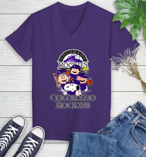 MLB Colorado Rockies Snoopy Charlie Brown Woodstock The Peanuts Movie Baseball T Shirt_000 Women's V-Neck T-Shirt 3