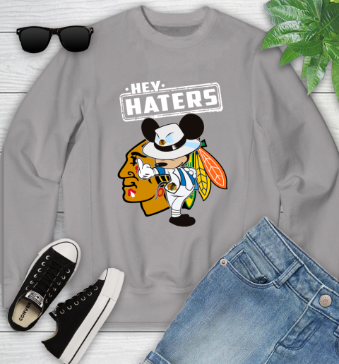 NHL Hey Haters Mickey Hockey Sports Chicago Blackhawks Youth Sweatshirt 3
