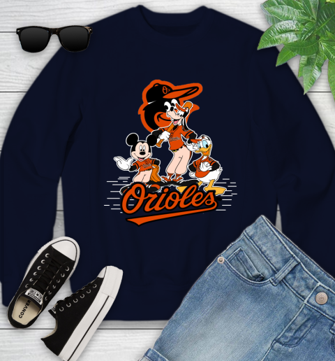 MLB Baltimore Orioles Mickey Mouse Donald Duck Goofy Baseball T Shirt Youth Sweatshirt 2