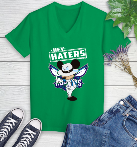 NBA Hey Haters Mickey Basketball Sports Charlotte Hornets Women's V-Neck T-Shirt 5
