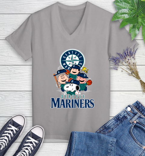 MLB Seattle Mariners Snoopy Charlie Brown Woodstock The Peanuts Movie Baseball T Shirt_000 Women's V-Neck T-Shirt 4