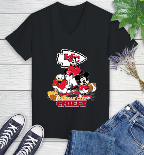 NFL Kansas City Chiefs Mickey Mouse Donald Duck Goofy Football Shirt Women's V-Neck T-Shirt