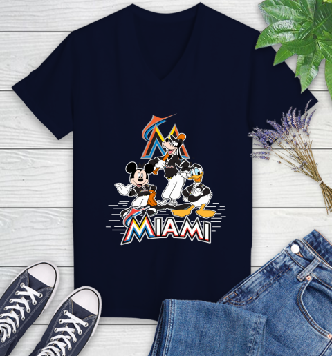 MLB Miami Marlins Mickey Mouse Donald Duck Goofy Baseball T Shirt Women's V-Neck T-Shirt 2