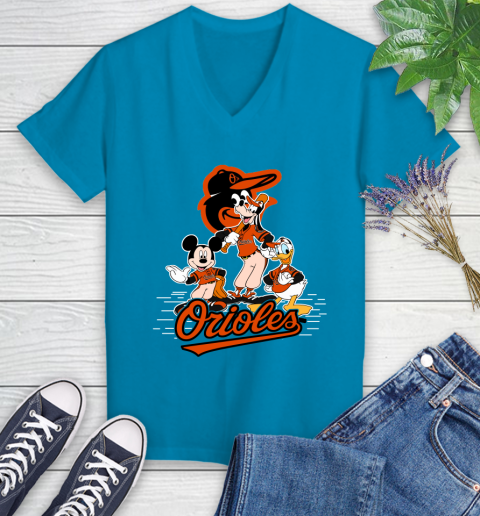MLB Baltimore Orioles Mickey Mouse Donald Duck Goofy Baseball T Shirt Women's V-Neck T-Shirt 7