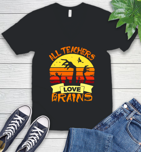 Halloween All Teachers Love Brains Sunset V-Neck T-Shirt