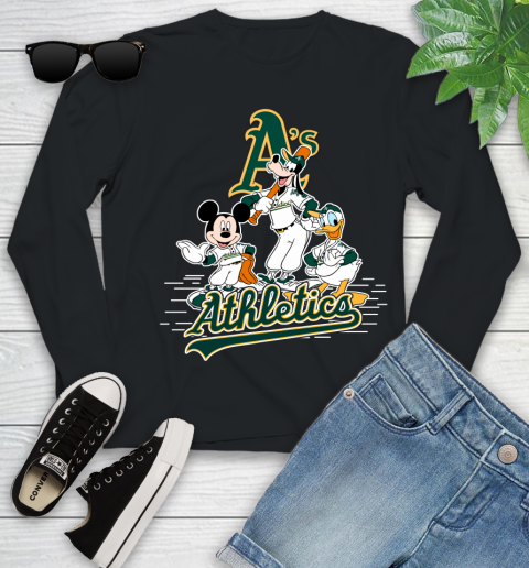 MLB Oakland Athletics Mickey Mouse Donald Duck Goofy Baseball T Shirt Youth Long Sleeve