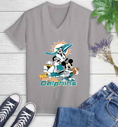 NFL Miami Dolphins Mickey Mouse Donald Duck Goofy Football Shirt Women's V-Neck T-Shirt 4
