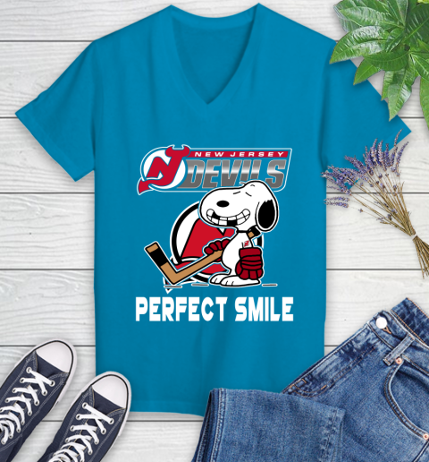 NHL New Jersey Devils Snoopy Perfect Smile The Peanuts Movie Hockey T Shirt Women's V-Neck T-Shirt 7