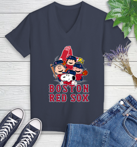 MLB Boston Red Sox Snoopy Charlie Brown Woodstock The Peanuts Movie Baseball T Shirt Women's V-Neck T-Shirt 12