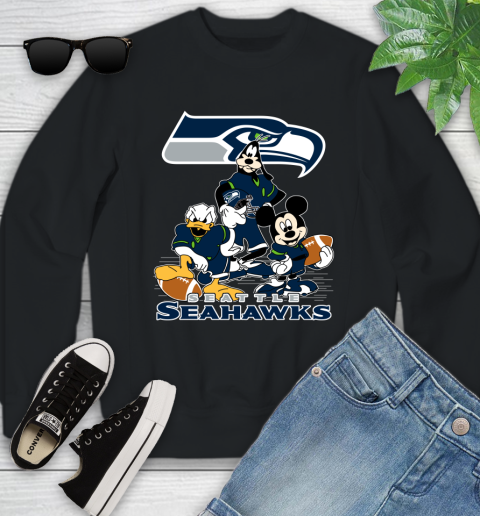 NFL Seattle Seahawks Mickey Mouse Donald Duck Goofy Football Shirt Youth Sweatshirt