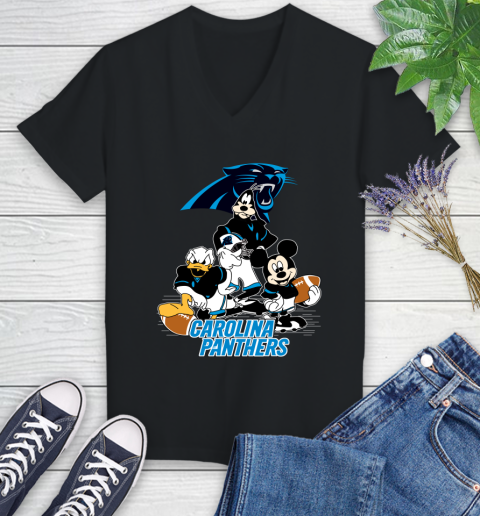 NFL Carolina Panthers Mickey Mouse Donald Duck Goofy Football Shirt Women's V-Neck T-Shirt