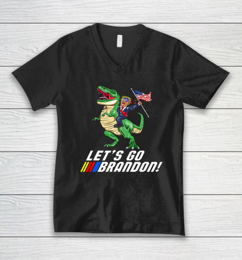 Let's go Brandon Trump on T Rex Dinosaur With American Flag V-Neck T-Shirt