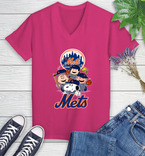 MLB New York Mets Snoopy Charlie Brown Woodstock The Peanuts Movie Baseball T Shirt Women's V-Neck T-Shirt 9