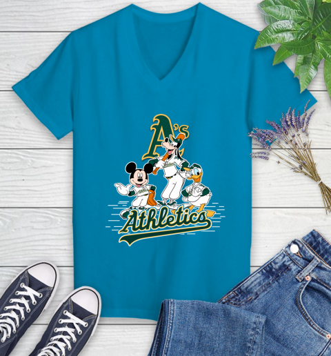 MLB Oakland Athletics Mickey Mouse Donald Duck Goofy Baseball T Shirt Women's V-Neck T-Shirt 7