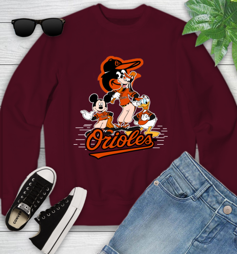 MLB Baltimore Orioles Mickey Mouse Donald Duck Goofy Baseball T Shirt Youth Sweatshirt 4