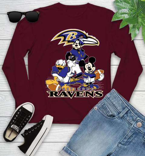 NFL Baltimore Ravens Mickey Mouse Donald Duck Goofy Football Shirt Youth Long Sleeve 6
