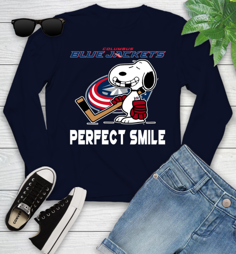 NHL Columbus Blue Jackets Snoopy Perfect Smile The Peanuts Movie Hockey T Shirt Youth Long Sleeve 2