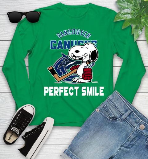 NHL Vancouver Canucks Snoopy Perfect Smile The Peanuts Movie Hockey T Shirt Youth Long Sleeve 7