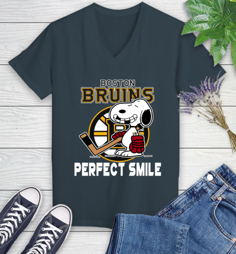 NHL Boston Bruins Snoopy Perfect Smile The Peanuts Movie Hockey T Shirt Women's V-Neck T-Shirt 8