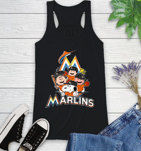 MLB Miami Marlins Snoopy Charlie Brown Woodstock The Peanuts Movie Baseball T Shirt Racerback Tank