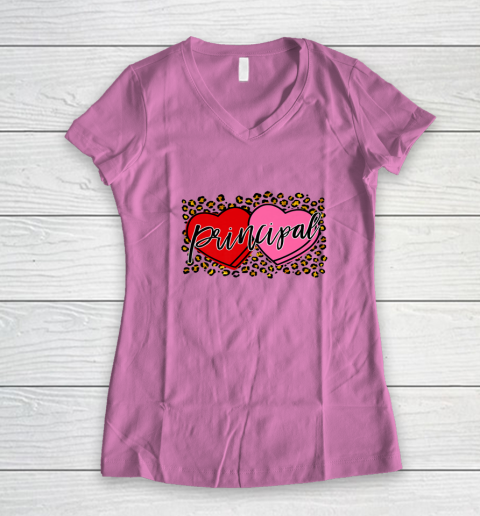 Leopard Candy Heart Principal Valentine Day Principal V Day Women's V-Neck T-Shirt 10