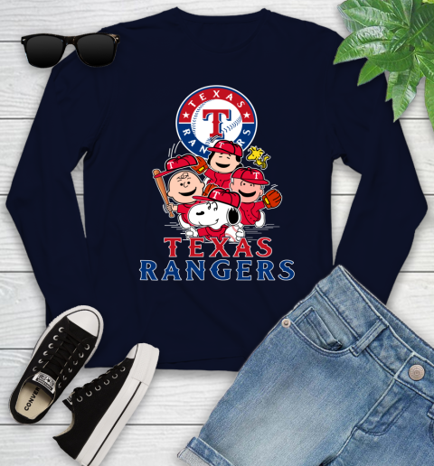 MLB Texas Rangers Snoopy Charlie Brown Woodstock The Peanuts Movie Baseball T Shirt Youth Long Sleeve 2