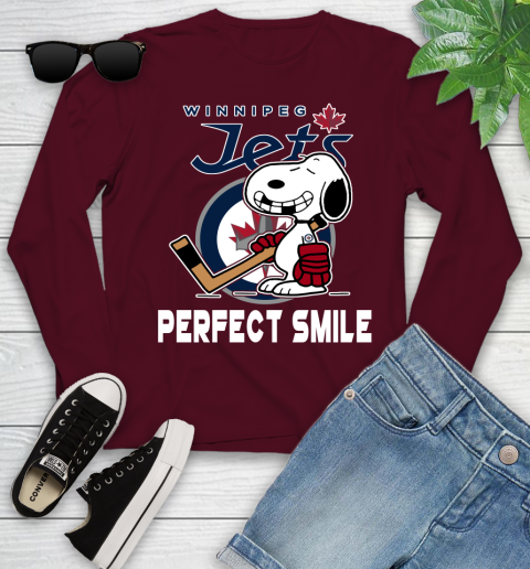 NHL Winnipeg Jets Snoopy Perfect Smile The Peanuts Movie Hockey T Shirt Youth Long Sleeve 6