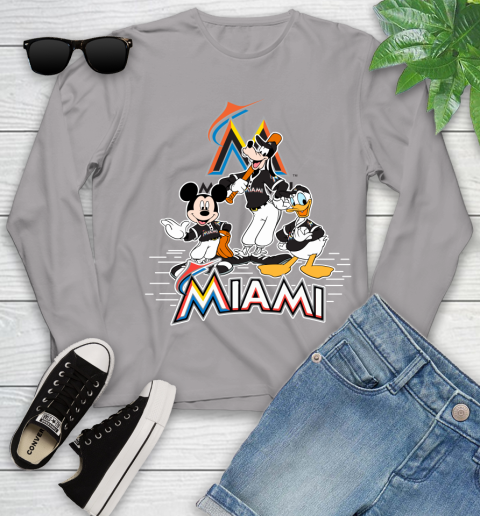 MLB Miami Marlins Mickey Mouse Donald Duck Goofy Baseball T Shirt Youth Long Sleeve 5