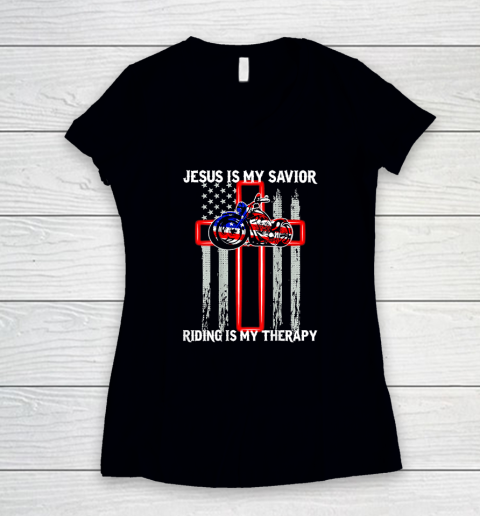 Jesus Is My Savior Riding Is My Therapy American Flag Cross Women's V-Neck T-Shirt