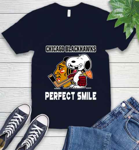 NHL Chicago Blackhawks Snoopy Perfect Smile The Peanuts Movie Hockey T Shirt V-Neck T-Shirt 2