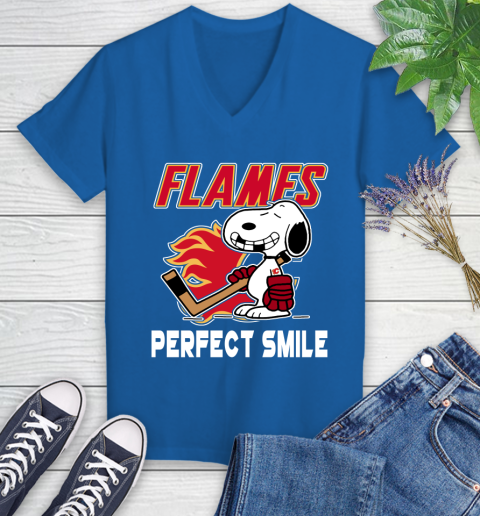 NHL Calgary Flames Snoopy Perfect Smile The Peanuts Movie Hockey T Shirt Women's V-Neck T-Shirt 10
