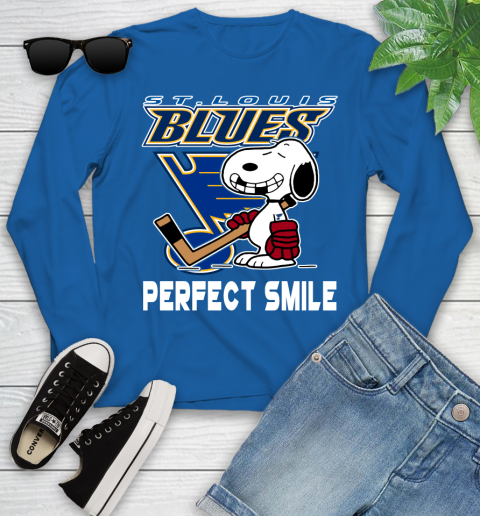 NHL St.Louis Blues Snoopy Perfect Smile The Peanuts Movie Hockey T Shirt Youth Long Sleeve 10