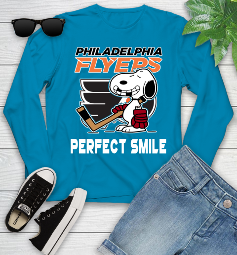 NHL Philadelphia Flyers Snoopy Perfect Smile The Peanuts Movie Hockey T Shirt Youth Long Sleeve 8