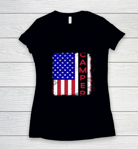 Camper USA Camping Patriotic American Flag Vintage Women's V-Neck T-Shirt