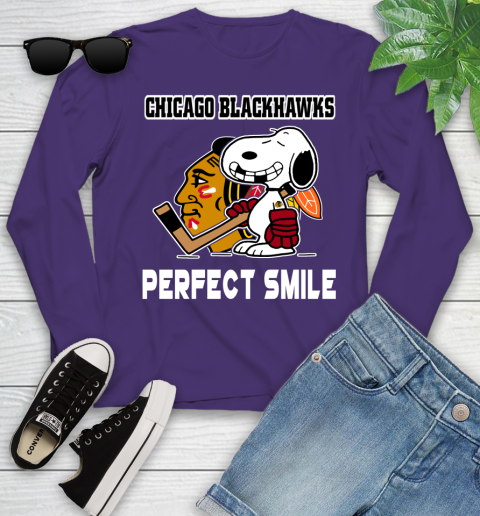 NHL Chicago Blackhawks Snoopy Perfect Smile The Peanuts Movie Hockey T Shirt Youth Long Sleeve 4