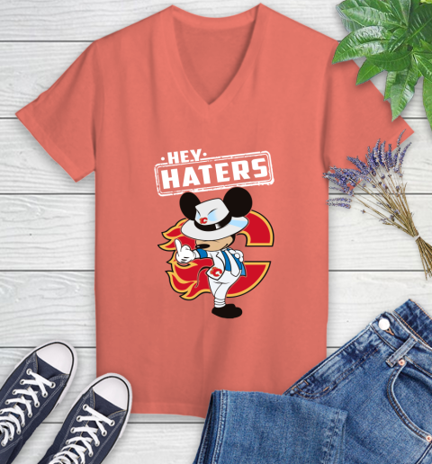 NHL Hey Haters Mickey Hockey Sports Calgary Flames Women's V-Neck T-Shirt 6