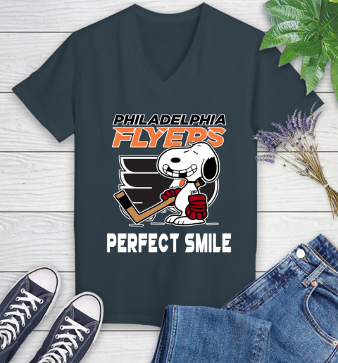 NHL Philadelphia Flyers Snoopy Perfect Smile The Peanuts Movie Hockey T Shirt Women's V-Neck T-Shirt 8