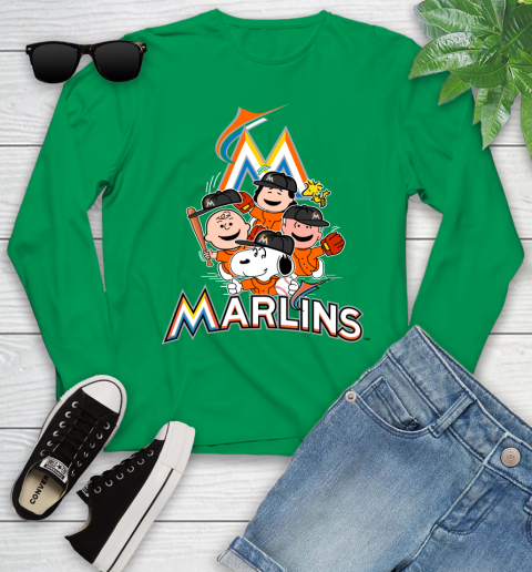 MLB Miami Marlins Snoopy Charlie Brown Woodstock The Peanuts Movie Baseball T Shirt Youth Long Sleeve 7