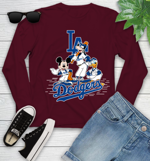 MLB Los Angeles Dodgers Mickey Mouse Donald Duck Goofy Baseball T Shirt Youth Long Sleeve 6