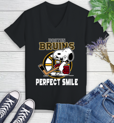 NHL Boston Bruins Snoopy Perfect Smile The Peanuts Movie Hockey T Shirt Women's V-Neck T-Shirt
