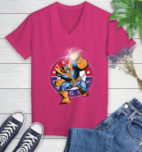 Texas Rangers MLB Baseball Thanos Avengers Infinity War Marvel Women's V-Neck T-Shirt 9