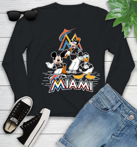 MLB Miami Marlins Mickey Mouse Donald Duck Goofy Baseball T Shirt Youth Long Sleeve