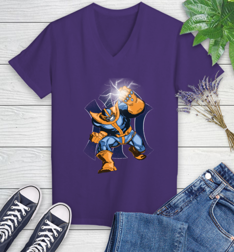 New York Yankees MLB Baseball Thanos Avengers Infinity War Marvel Women's V-Neck T-Shirt 3