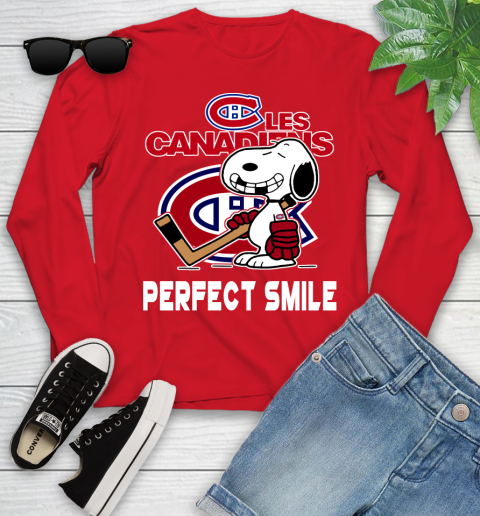 NHL Montreal Canadiens Snoopy Perfect Smile The Peanuts Movie Hockey T Shirt Youth Long Sleeve 11