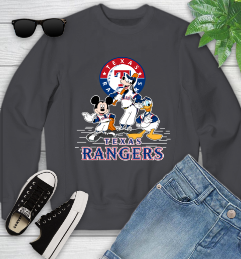 MLB Texas Rangers Mickey Mouse Donald Duck Goofy Baseball T Shirt Youth Sweatshirt 5