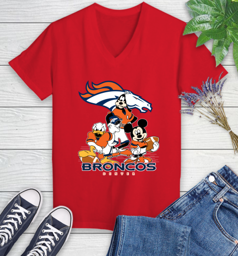 NFL Denver Broncos Mickey Mouse Donald Duck Goofy Football Shirt Women's V-Neck T-Shirt 11