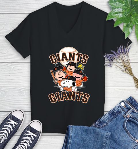 MLB San Francisco Giants Snoopy Charlie Brown Woodstock The Peanuts Movie Baseball T Shirt_000 Women's V-Neck T-Shirt