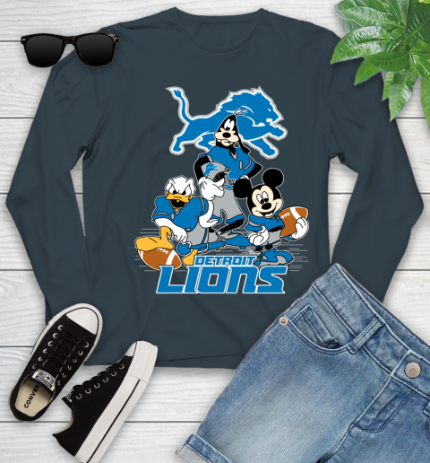 NFL Detroit Lions Mickey Mouse Donald Duck Goofy Football Shirt Youth Long Sleeve 9