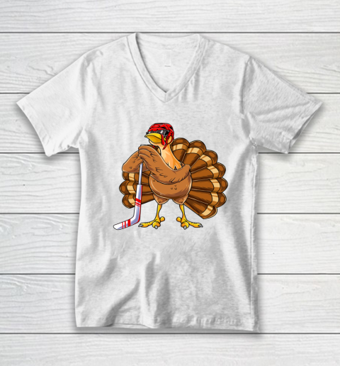 Thankful Shirt Youth Hockey Thanksgiving Turkey Ice Hockey V-Neck T-Shirt