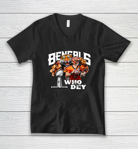 Cincinnati Bengals 9 Joe Burrow Who Dey Champion Super Bowl Signature V-Neck T-Shirt